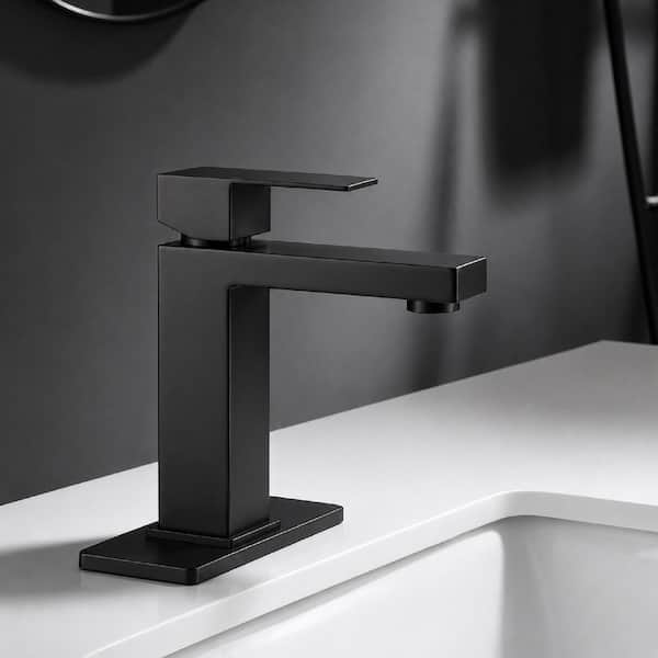 Basin Faucet Single Handle Bathroom Sink Faucet Soft Water Flow with Pop-up Drain Kit in Stainless Steel Matte Black