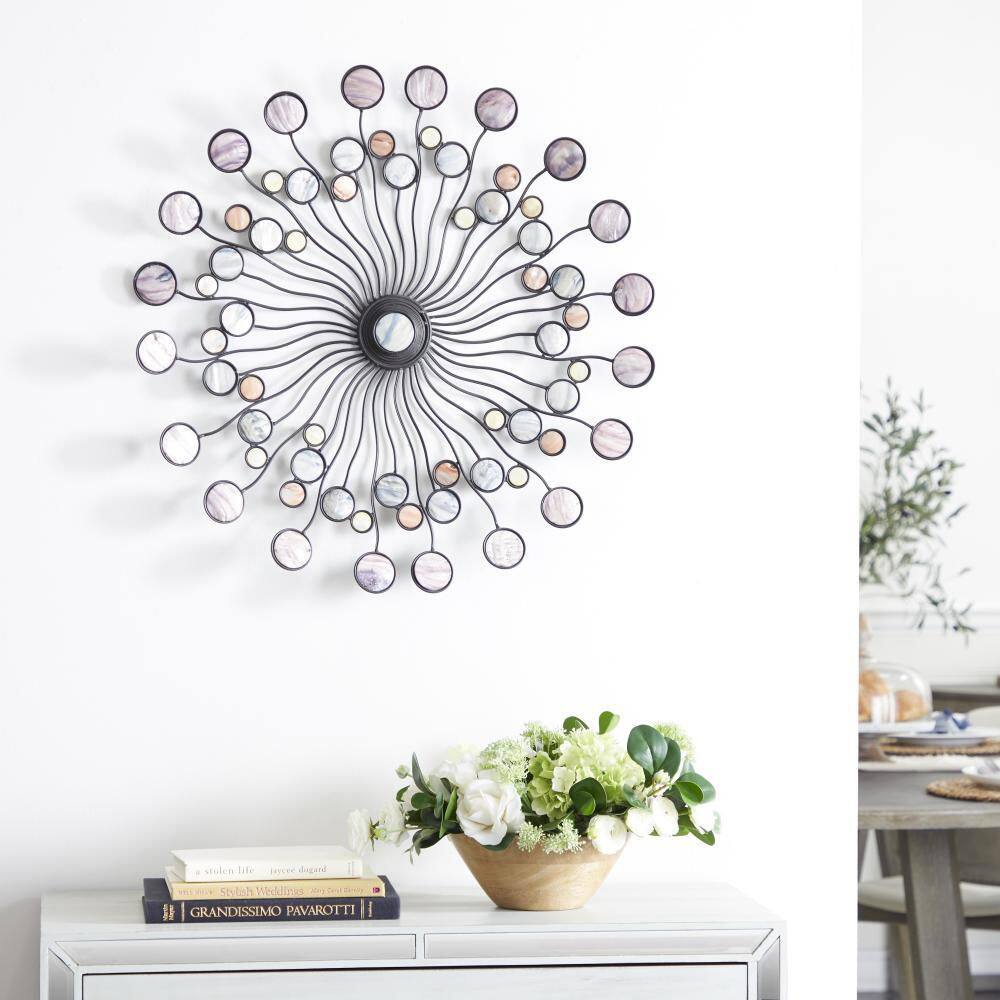 Multi-Colored Iron Sunburst Wall Sculpture with Marble Accents