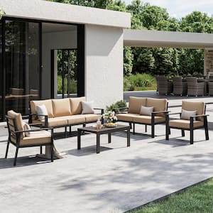 5-Piece Aluminum Patio Furniture Conversation Seating Set with Khaki Cushions and Table