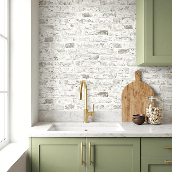 15.38 sq. ft. Pearl Grey Faux Rustic Brick Natural Wall Backdrop Vinyl Peel and Stick Wallpaper Roll