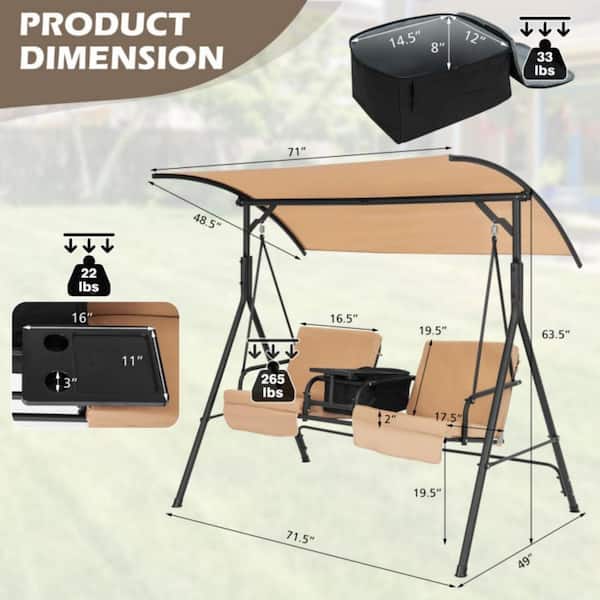 2-Person Metal Porch Swing Chair with Adjustable Canopy in Beige