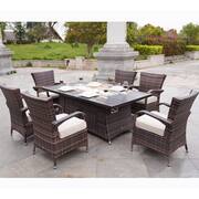 Gerald Brown 7-Piece Wicker Patio Fire Pit Conversation Sofa Set with Beige Cushions