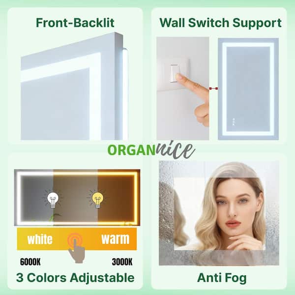 96 in. W x 36 in. H Rectangular Frameless Anti-Fog LED Light Wall Bathroom Vanity Mirror with Backlit and Front Light