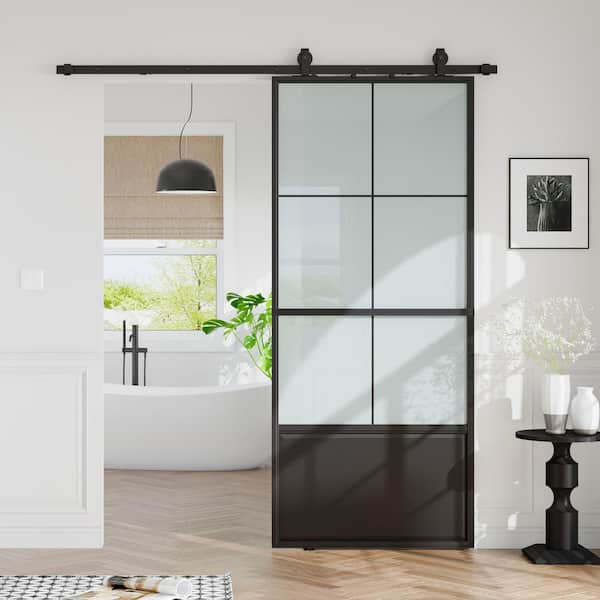 36 in. x 84 in. 3/4 Lites Frosted Glass Black Steel Frame Interior Barn Door with Sliding Hardware Kit
