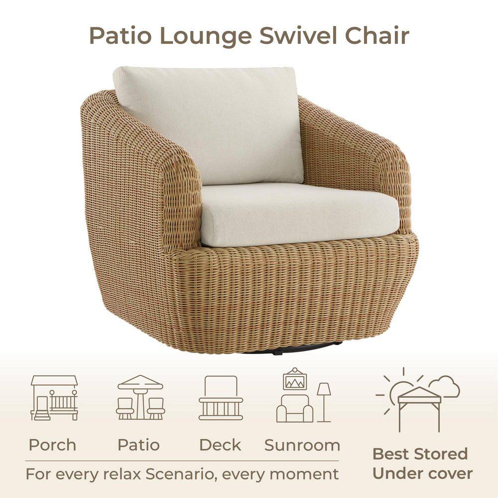 Tan wicker swivel armchair with white cushions.