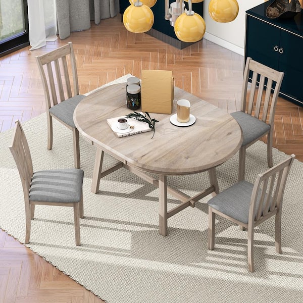 Polibi Natural Wash Wood 5 Pieces Extendable Wood Dining Table Set with 4 Dining Chairs for 4