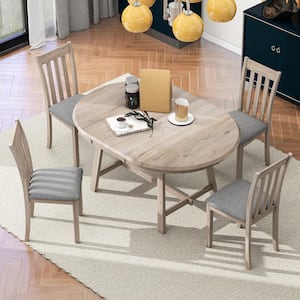 Natural Wash Wood 5 Pieces Extendable Wood Dining Table Set with 4 Dining Chairs for 4