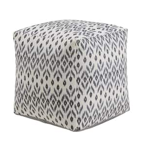 Ivory and Blue Abstract Diamond Pattern Fabric Upholstered Square Pouf Ottoman