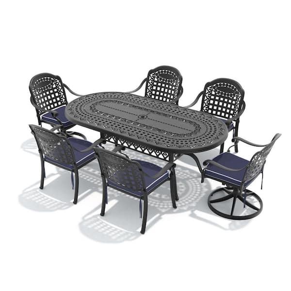 Traditions 7-Piece Cast Aluminum Outdoor Dining Set with 4 Dining Chairs, 2 Swivel Rockers, Oval Table and Blue Cushions