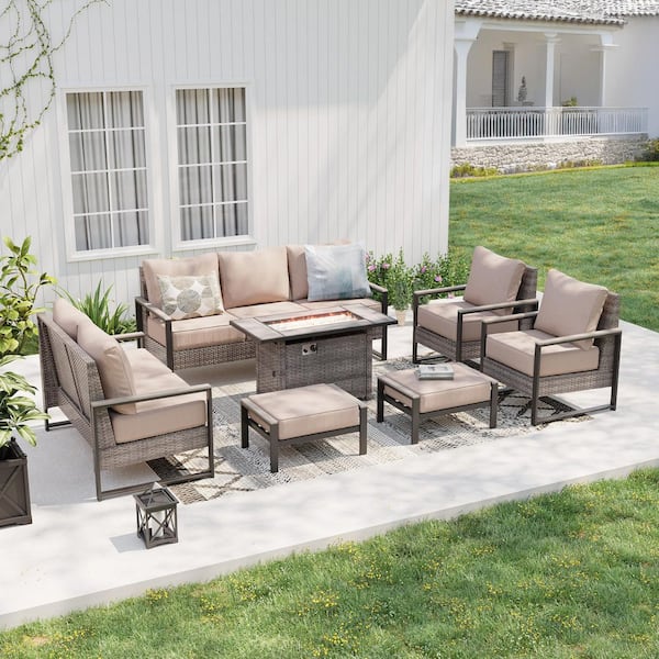 Sonkuki 7-Piece Patio Conversation Set with Fire Pit Table All-Weather Gray Wicker with Sand Cushion