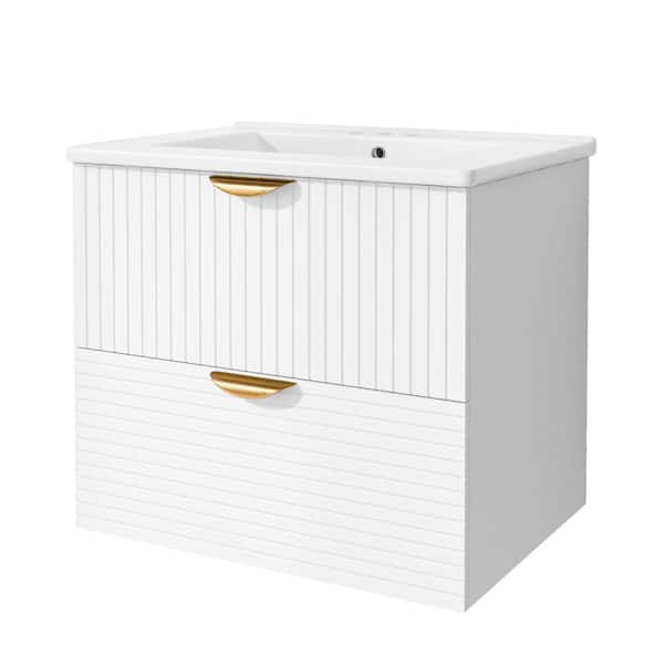 Unbranded 24 in. W x 18 in. D x 23 in. H Wall-Mounted Floating Bath Vanity in White with White Ceramic Sink, 2-Drawers