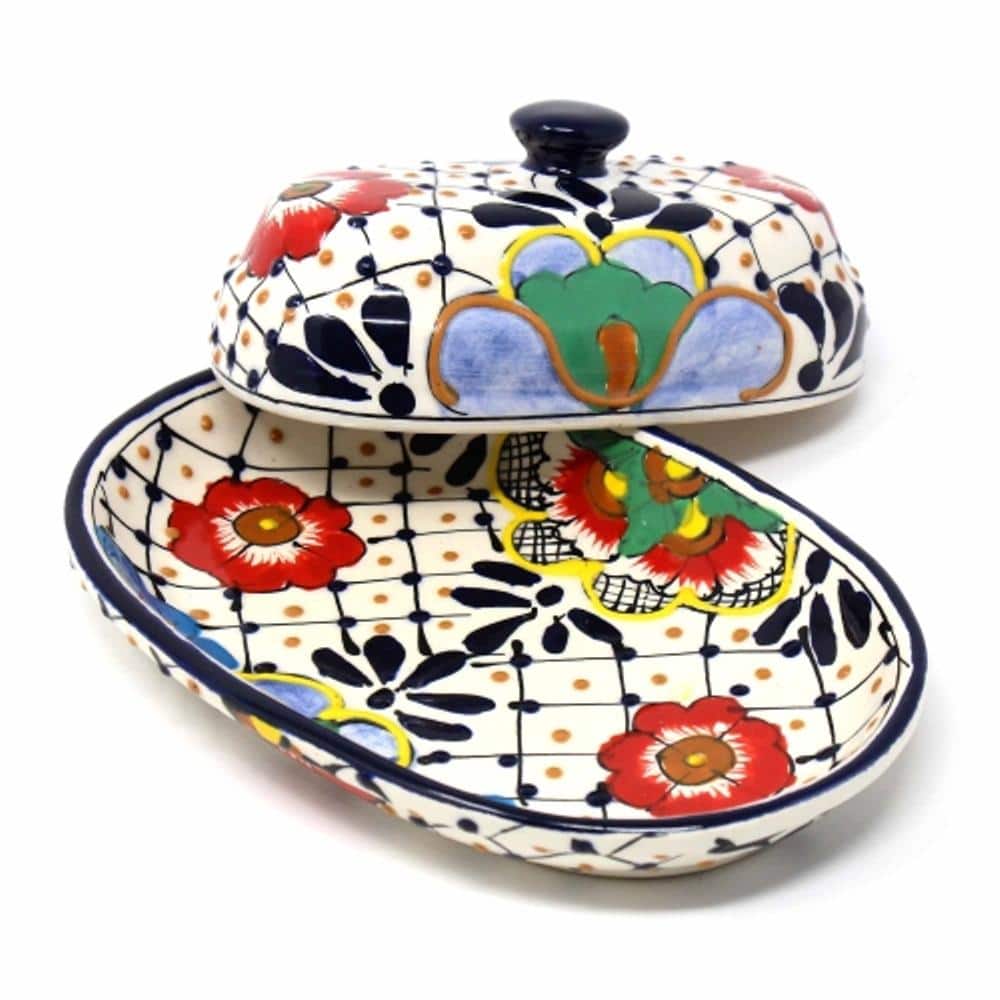 Handmade Mexican Floral Ceramic Butter Dish, 10-inch