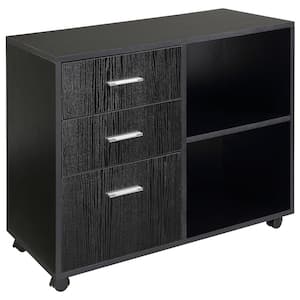 Modern Black Office Filing Cabinet with 3-Storage-Drawers,-Open Shelving and 4-Caster Wheels