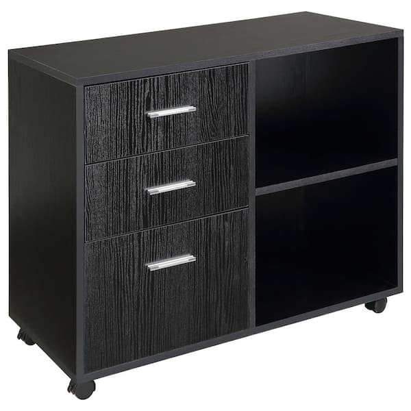 HOMCOM Modern Black Office Filing Cabinet with 3-Storage-Drawers,-Open Shelving and 4-Caster Wheels