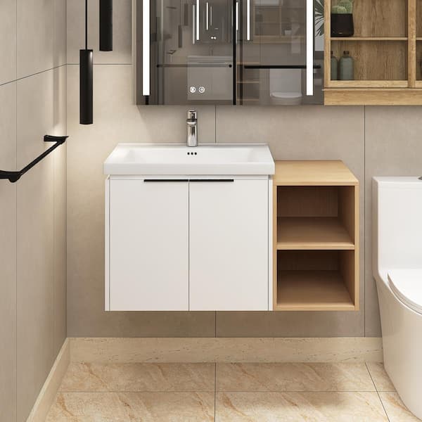 Staykiwi 36 in. W x 18.5 in. D x 21 in. H Floating Bath Vanity in White with White Ceramic Sink, and A Small Storage Shelves