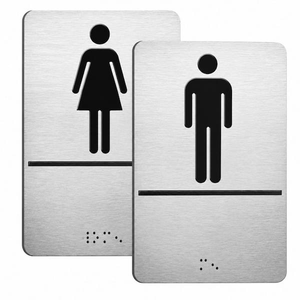2-Piece 9x6 in Brushed Aluminum ADA Braille Restroom Door Sign Self-Adhesive Men Women Bathroom Sign Silver