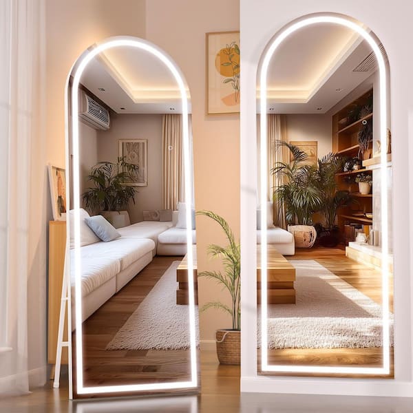 Vosuja 28 in. W x 75 in. H White Frame Arch LED Full-Length Mirror, Adjustable Brightness and Colors, Tempered Glass