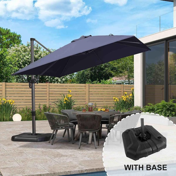10 ft. Square Aluminum Outdoor Patio Cantilever Umbrella Offset 360° Rotation Umbrella with Base, Navy Blue