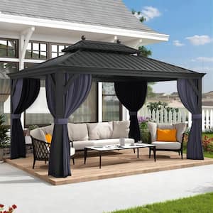 10 ft. X 12 ft. Gray Aluminum Hardtop Gazebo Canopy for Patio and Garden Heavy-Duty with Netting and Navy Blue Curtains