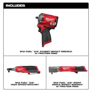 M12 FUEL 12V Li-Ion Brushless Cordless Stubby 3/8 in. Impact Wrench w/Right Angle Impact Wrench & High Speed Ratchet