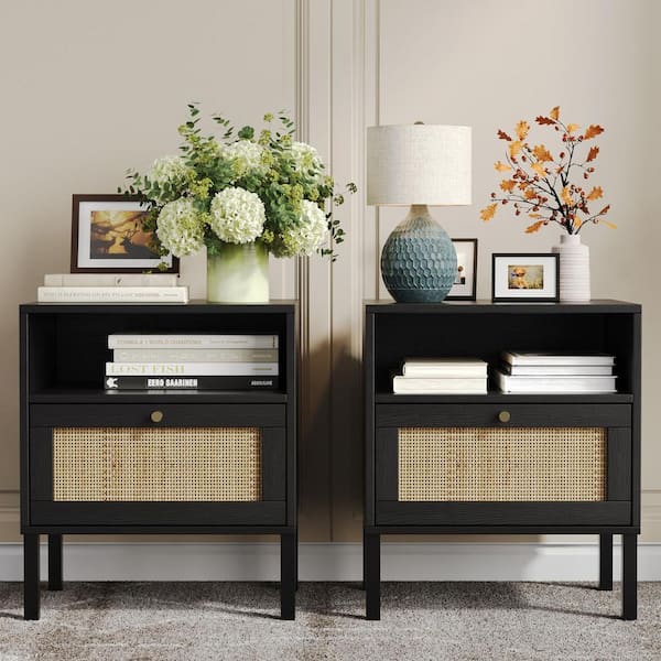 Angel Sar Black 1-Door 18.58 in. W Rattan Nightstand (Set of 2)