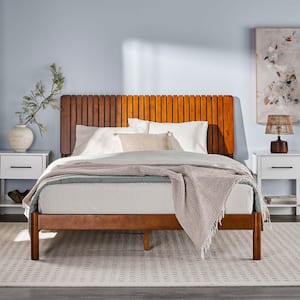 Modern Brown Solid Wood Frame Queen Platform Bed with Minimalist Slat Design Headboard