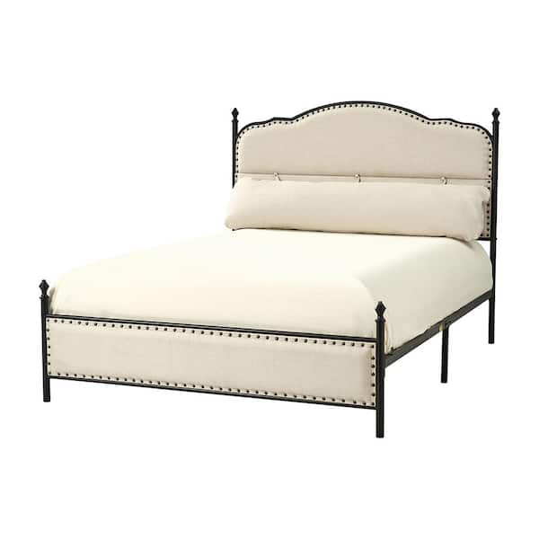 JAYDEN CREATION Sergio Beige Transitional Upholstered Platform Metal Bed Frame Four Poster Bed with High Headboard and Pillow