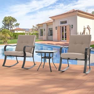 3-Piece Patio Bistro Set Steel Frame Rocking Chair With Sponge Sand Cushions and Tempered glass table