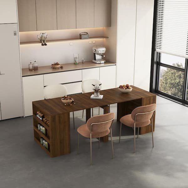 Rivergrove Modern Brown MDF Wood Top Rectangle Double Pedestal Extendable Foldable Dining Table with Shelves, Seats 10