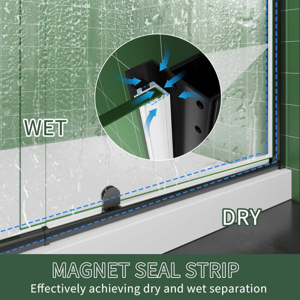 42-inch Black Semi-Frameless Pivot Shower Door with Clear Glass