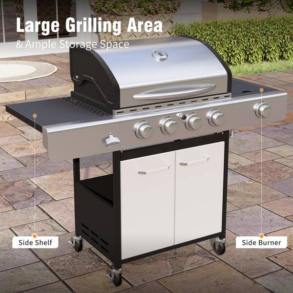 PHI VILLA 4 Burner Propane Gas Grill in Stainless Steel with Side