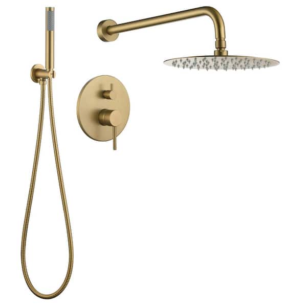 Mondawe Single Handle 1-Spray Rain Wall Mount Round 10 in. Round Shower Faucet Head 1.8 GPM with Handheld in Brushed Gold