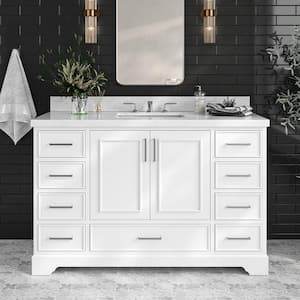 Stafford 55 in. W x 22 in. D x 36 in. H Single Sink Freestanding Bath Vanity in White with Carrara White Marble Top