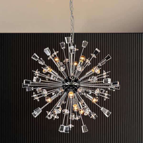 Hymel 12-Light Chrome Modern Glam Linear Sputnik Starburst Crystal Chandelier for Living Room with Crystal Accents