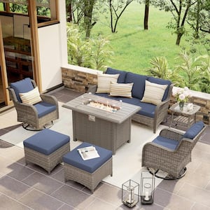 OC Orange Casual 7-Piece Grey Wicker Outdoor Conversation Set with Fire Pit Table, Swivel Patio Chair, Blue Cushions