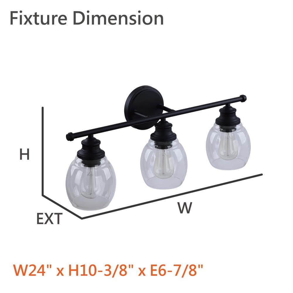 24" Oil Rubbed Bronze 3-Light Vanity Fixture with Clear Glass Shades
