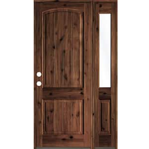 44 in. x 96 in. Rustic Knotty Alder Right-Hand/Inswing Clear Glass Red Mahogany Stain Wood Prehung Front Door with RHSL