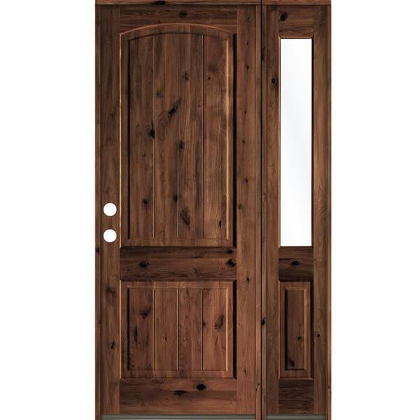 Krosswood Doors 56 in. x 96 in. Rustic knotty alder Right-Hand/Inswing Clear Glass Red Mahogany Stain Wood Prehung Front Door with RHSL