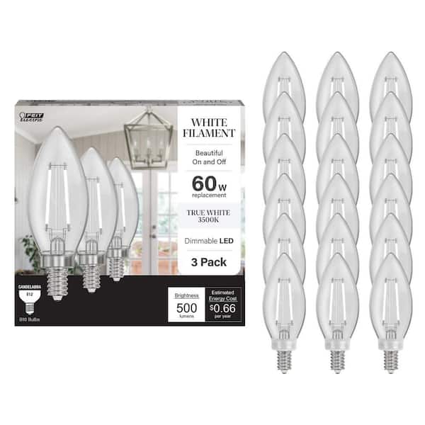 60-Watt Equivalent B10 E12 Candelabra Dim White Filament Clear Glass Chandelier LED Light Bulb True White 3500K 18-Pack