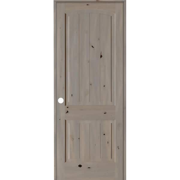 Krosswood Doors 24 in. x 96 in. Knotty Alder 2 Panel Right-Hand Top Rail Arch V-Groove Grey Stain Wood Single Prehung Interior Door