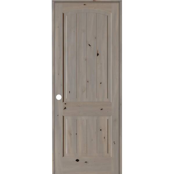 Krosswood Doors 28 in. x 96 in. Knotty Alder 2-Panel Right-Hand Top Rail Arch V-Groove Grey Stain Wood Single Prehung Interior Door