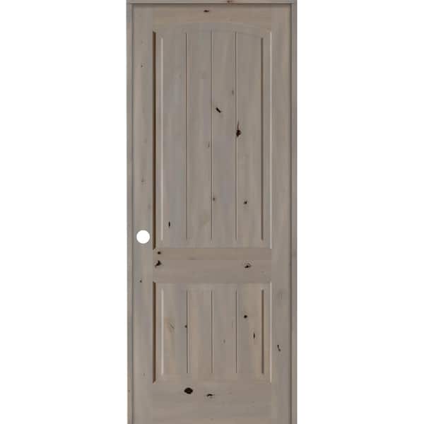 36 in. x 96 in. Knotty Alder 2-Panel Right-Hand Top Rail Arch V-Groove Grey Stain Wood Single Prehung Interior Door
