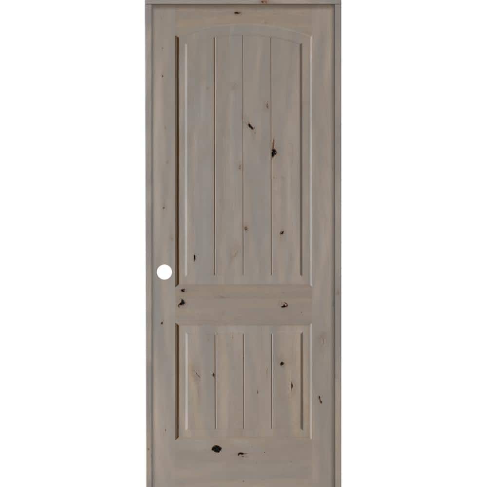 28 in. x 96 in. Knotty Alder 2-Panel Right-Hand Top Rail Arch V-Groove Grey