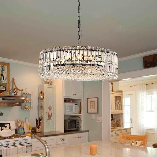 EDISLIVE Orillia Modern 8-Light Black Round Glass Crystal Chandelier for Kitchen Island Dinning Table Living Room-Style B