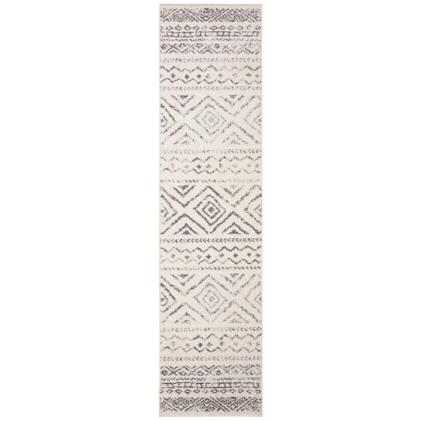 Tulum Ivory/Gray 2 ft. x 17 ft. Striped Geometric Diamonds Runner Rug