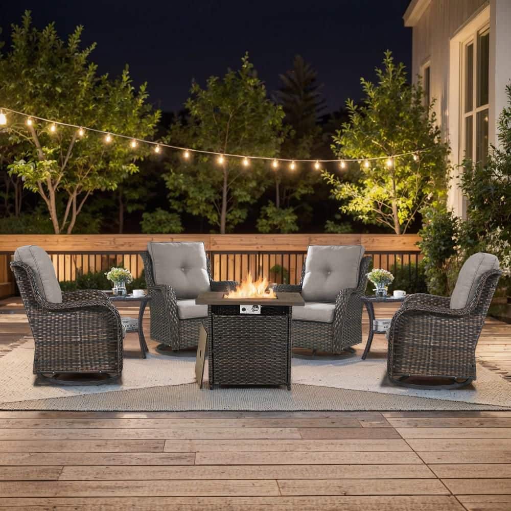 Well Cane Brown 7-Piece Wicker Patio Fire Pit Set Outdoor 4-Seater Swivel Chair Set with Gray Cushions price history on PriceWatchPro