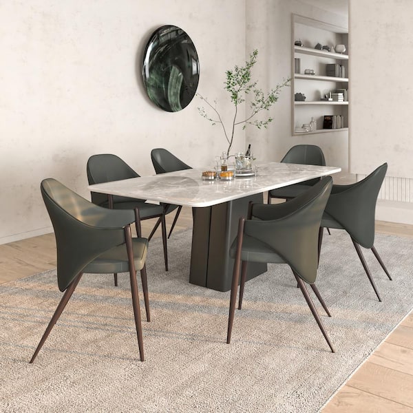 Leisuremod Dining Chair Upholstered in Leather with Iron Legs and Arms Sante Collection Set of 4 in Grey
