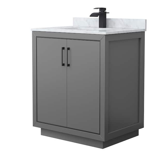 Wyndham Collection Icon 30 in. W x 22 in. D x 35 in. H Single Bath Vanity in Dark Gray with White Carrara Marble Top