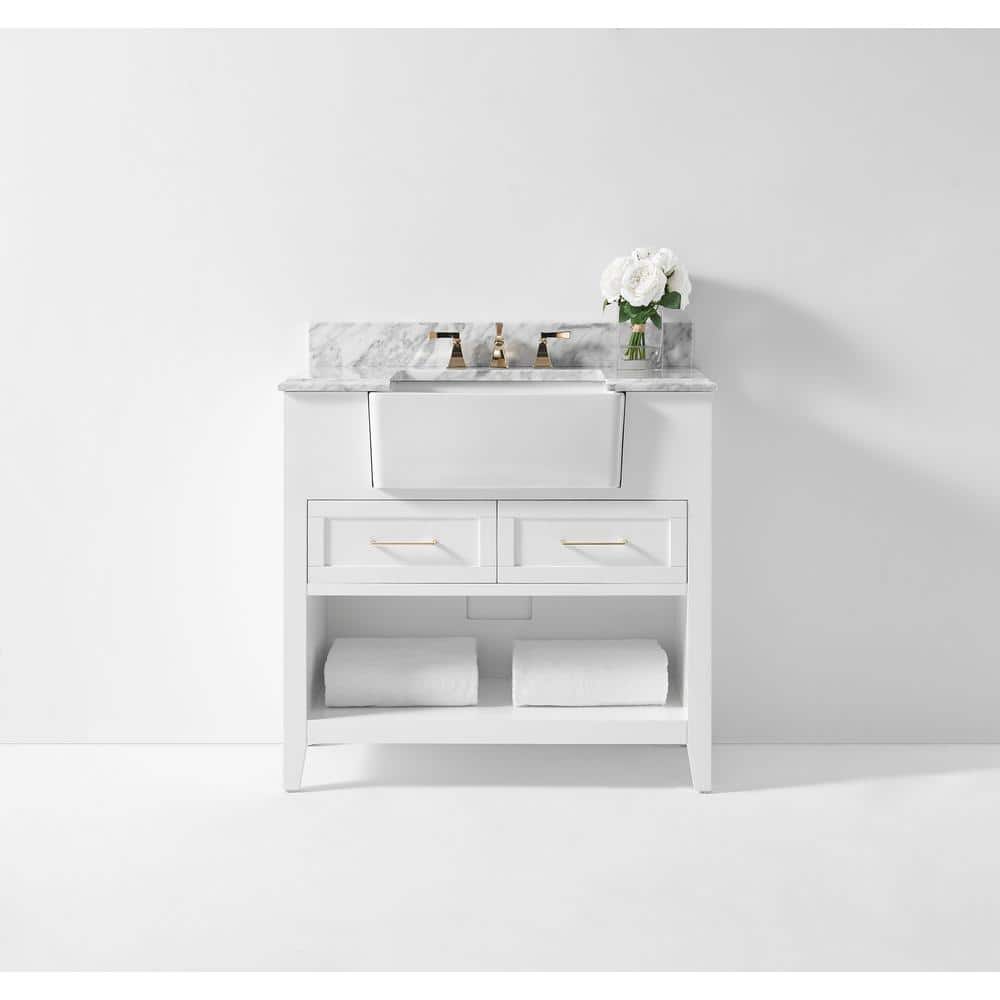 Hayley 36" White Wood Bathroom Vanity with Carrara Marble Top