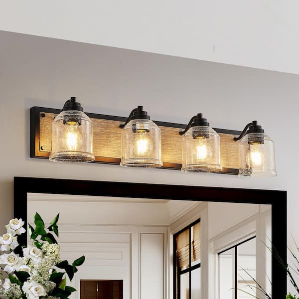 Lasaideal 31.5 in. 4-Light Black Farmhouse Vanity Light Fixture with Brown Faux Wood Accent and Seeded Glass Shades